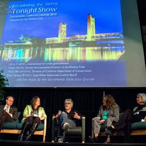 The "Reclaiming the Sierra Tonight Show" was a conference highlight - a talk-show styled panel of keynotes featuring (from left) Director of Department of Conservation Mark Necodom, former Environmental Director of the Washoe Tribe Marie Barry, international fair trade jewelry advocate Greg Valerio, TSF CEO Elizabeth Martin, and State Water Resources Control Board Vice Chair Frances Spivy-Weber.